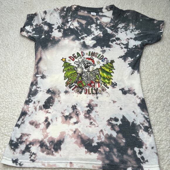 Holiday Dead Inside But Jolly AF Bleached Black Tee Large - Picture 2 of 7